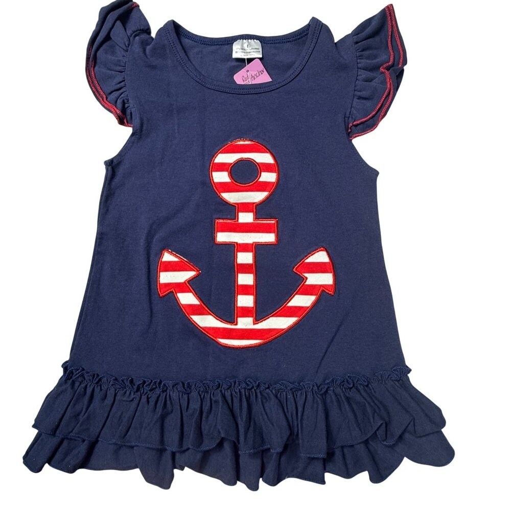 Navy Anchor Dress Girls L Red White Ruffle Sleeveless Patriotic Cotton Blend NWT